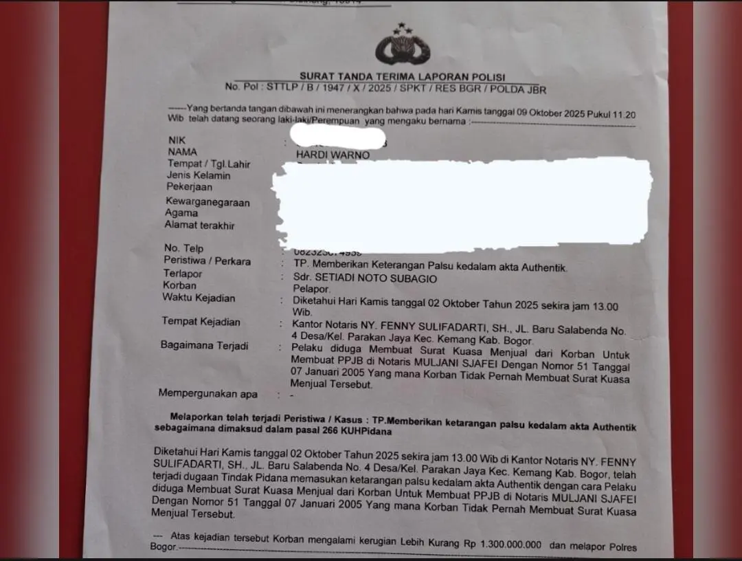 Warga Citeureup Laporkan Dugaan Pemalsuan Surat Kuasa ke Polres Bogor, Kerugian Capai Rp1,3 Miliar