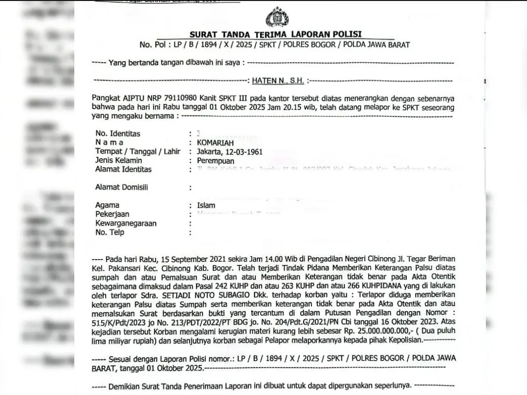 Komariah Laporkan Dugaan Keterangan Palsu ke Polres Bogor, Kerugian Capai Rp25 Miliar