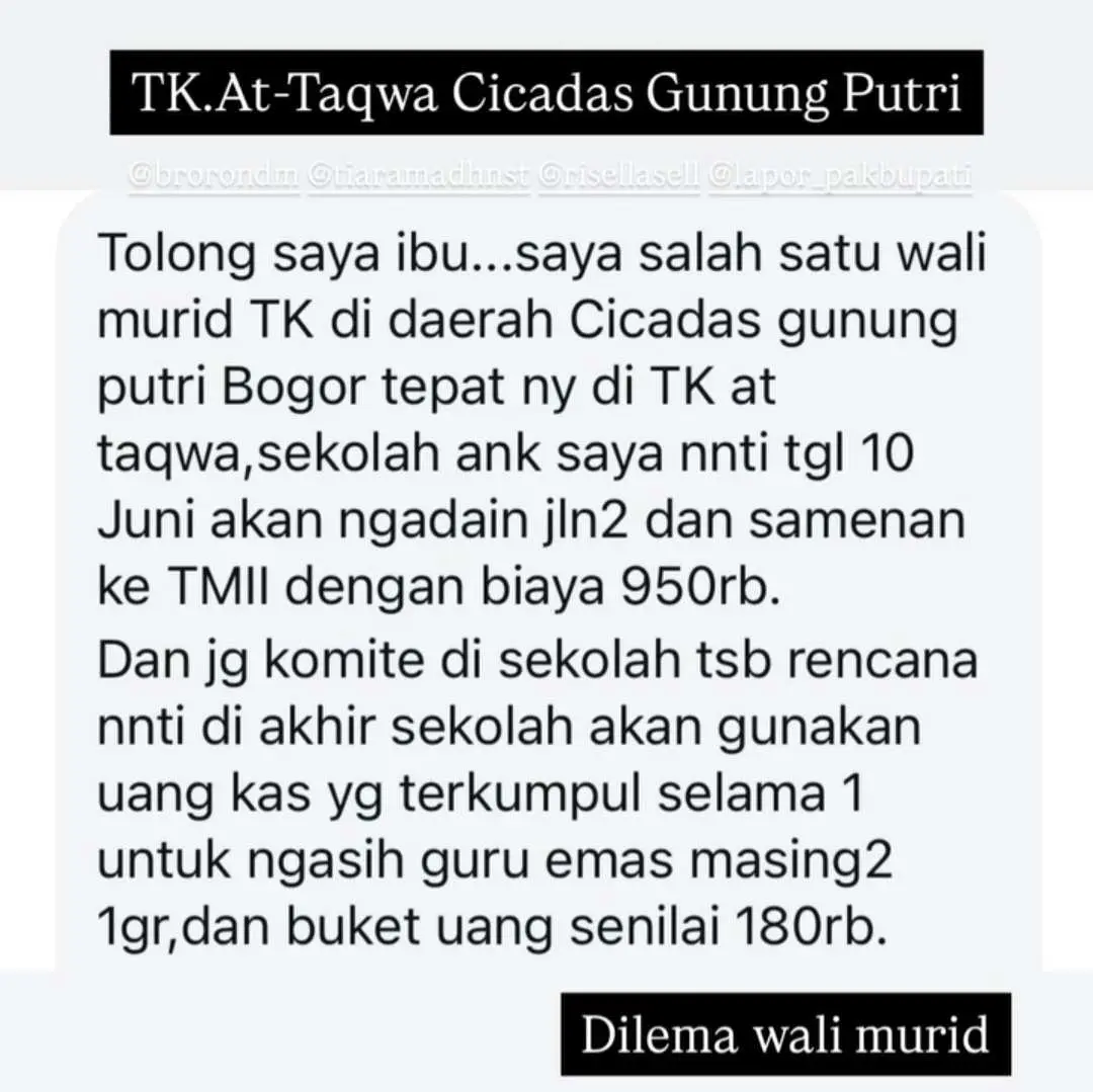 Wali Murid TK At-Taqwa Cicadas Keluhkan Biaya Kegiatan Sekolah, Tag Bupati Bogor di Media Sosial