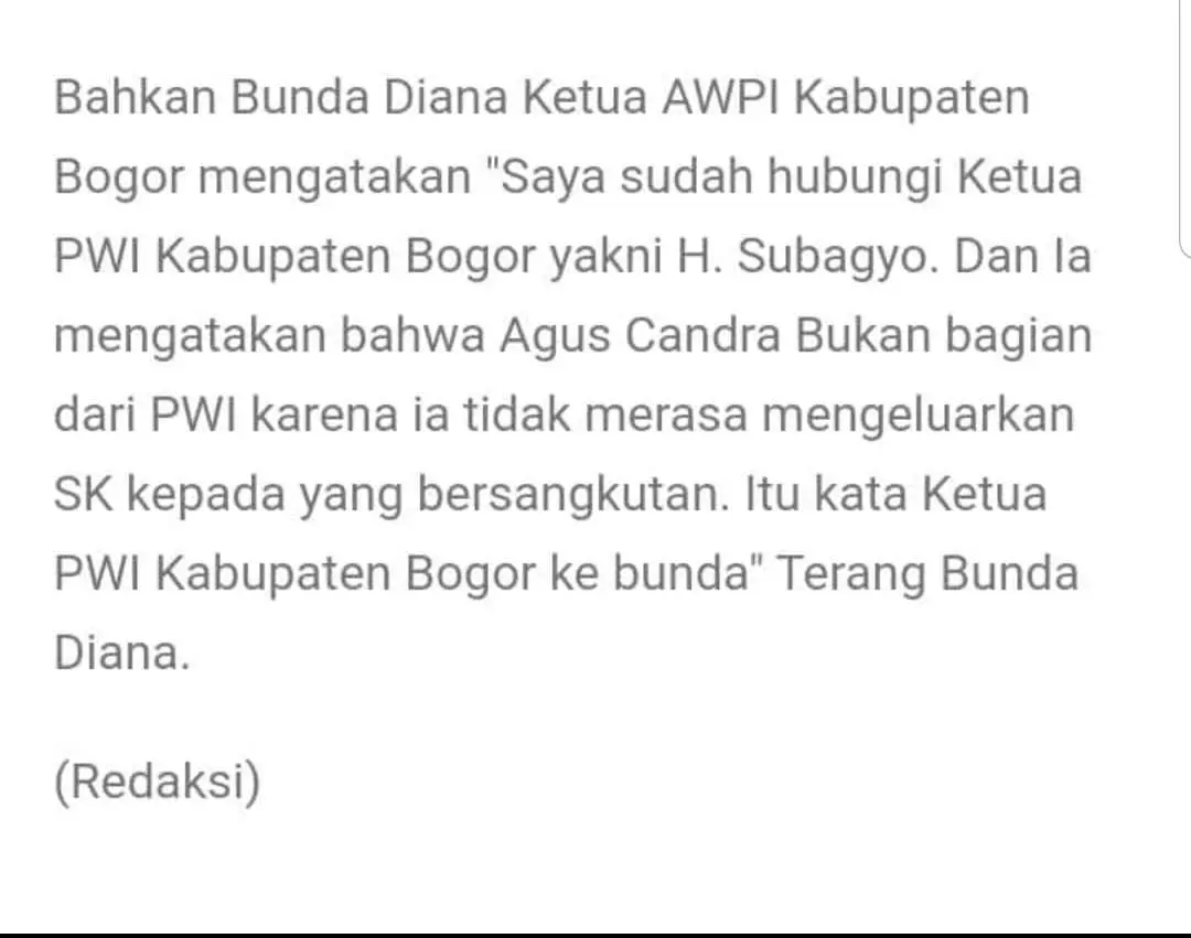 Ketua PWI Kabupaten Bogor Minta Bunda Diana Beri Penjelasan Terkait Pernyataan Yang Tayang disebuah Link Blogspot