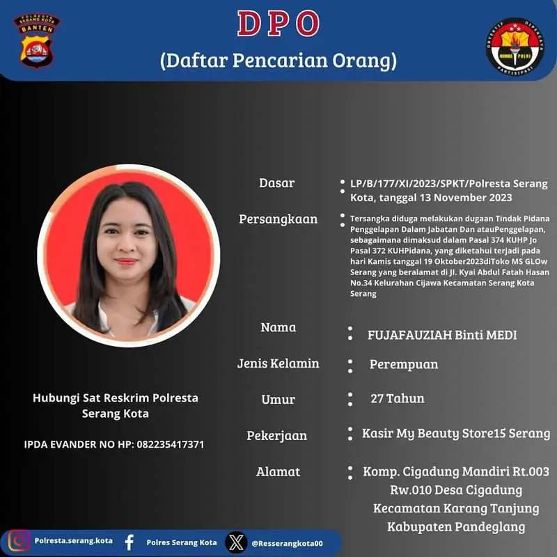 Gelapkan Uang 1,3 Milyar, Sosok Wanita Cantik ini Masuk Daftar Pencarian Orang